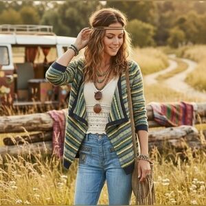 ONLY True Collection Indi Pattern Knit Wrap Cardigan Green Boho Small
